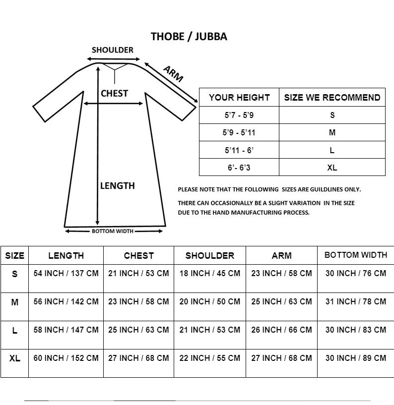 thobe size chart