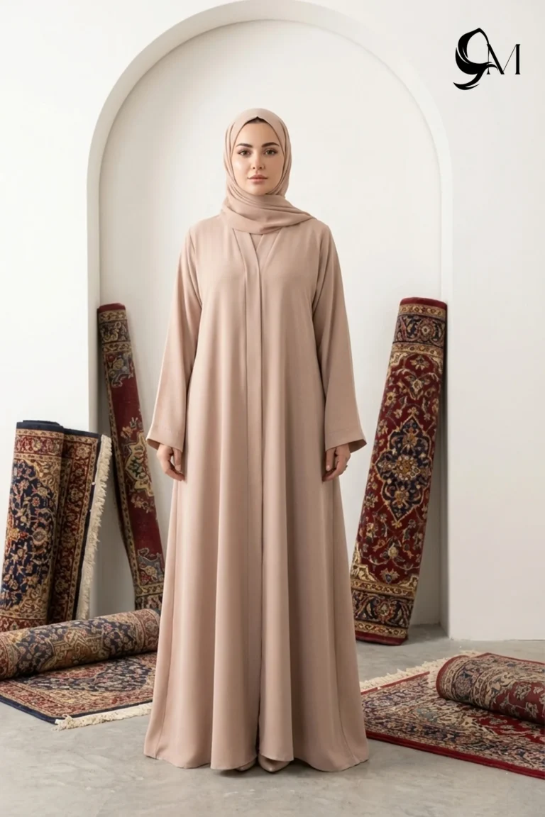 Minimalism Ajooba Abaya – Warm Sand with matching Staller
