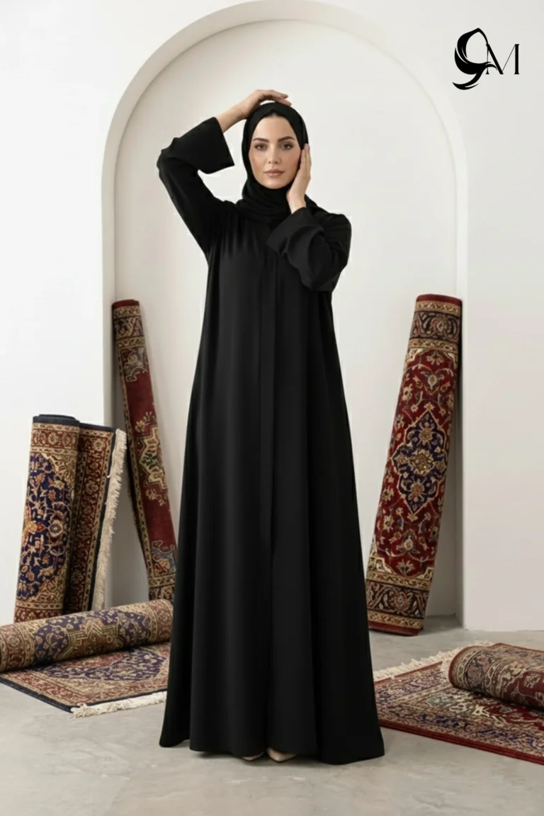 Minimalism Ajooba Abaya – Jet Black with matching Staller