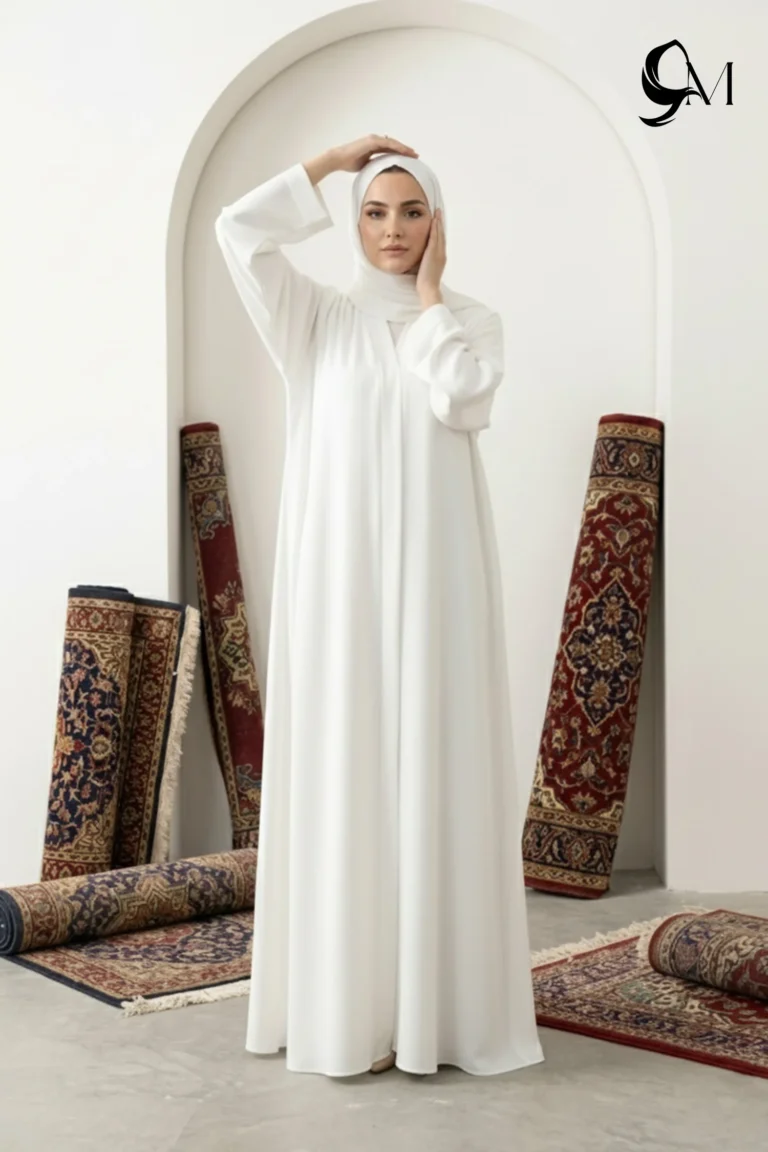 Minimalism Ajooba Abaya – Pure White with matching Staller