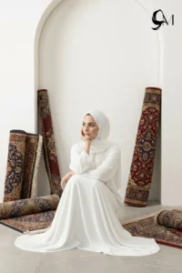 Minimalism Ajooba Abaya – Pure White with matching Staller 
