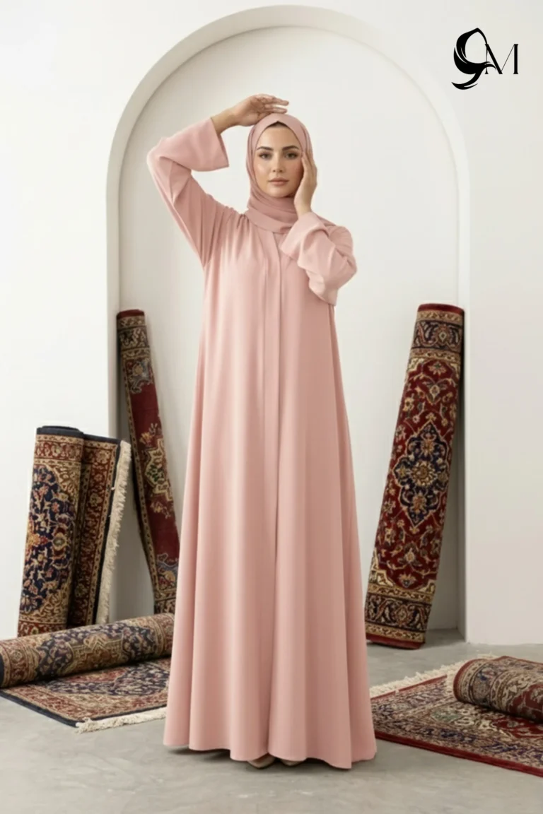 Minimalism Ajooba Abaya – Blossom Pink with matching Staller