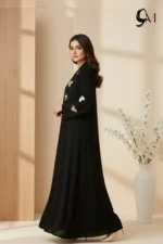 Fancy Floral Front Open Abaya – Black Beauty