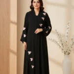 Fancy Floral Front Open Abaya – Black Beauty