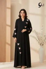 Fancy Floral Front Open Abaya – Black Beauty