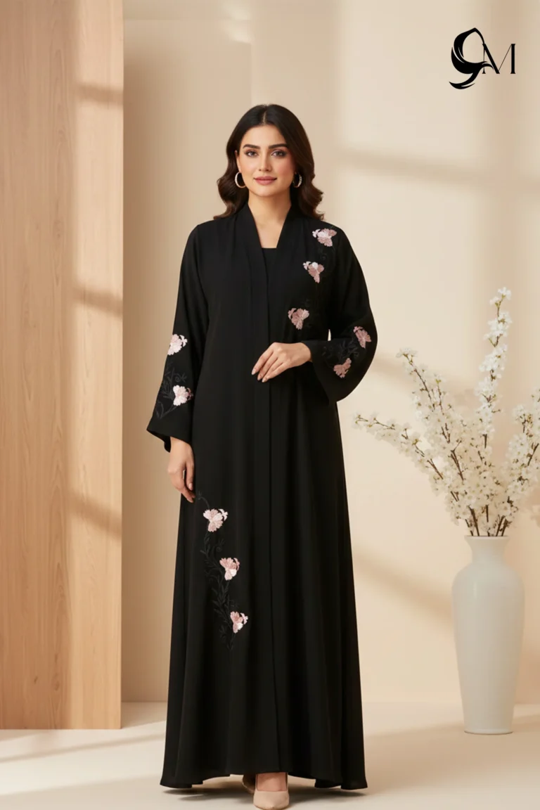 Fancy Floral Front Open Abaya – Black Beauty