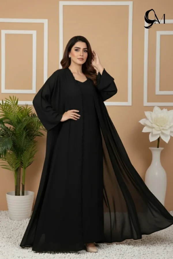 Pearl Double Layer Abaya – Pitch Black
