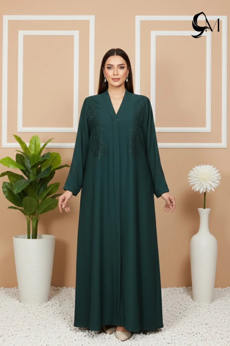 Floral Motifs Fancy Embroidered Zoom Abaya – Dark Emerald