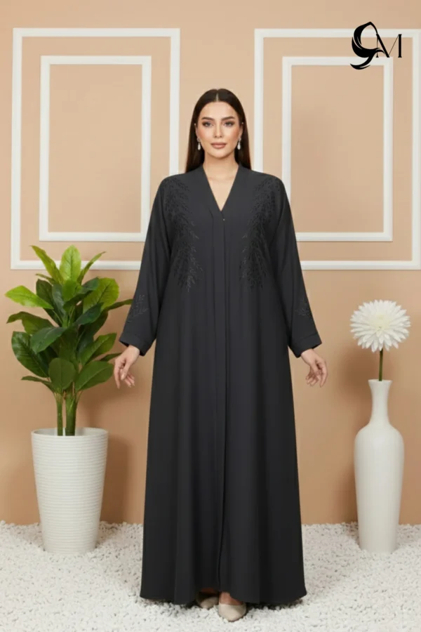 Floral Motifs Fancy Embroidered Zoom Abaya – Charcoal Grey