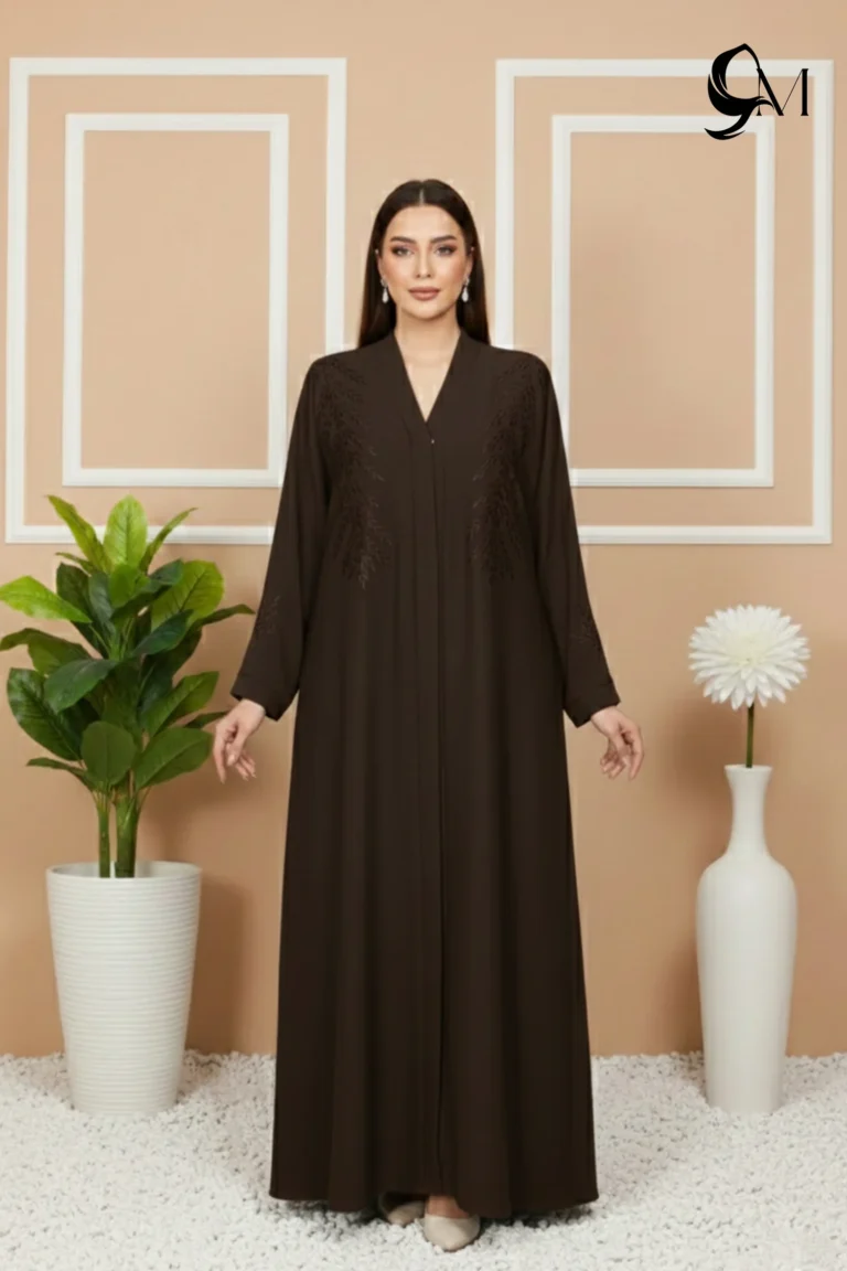 Floral Motifs Fancy Embroidered Zoom Abaya – Dark Coffee